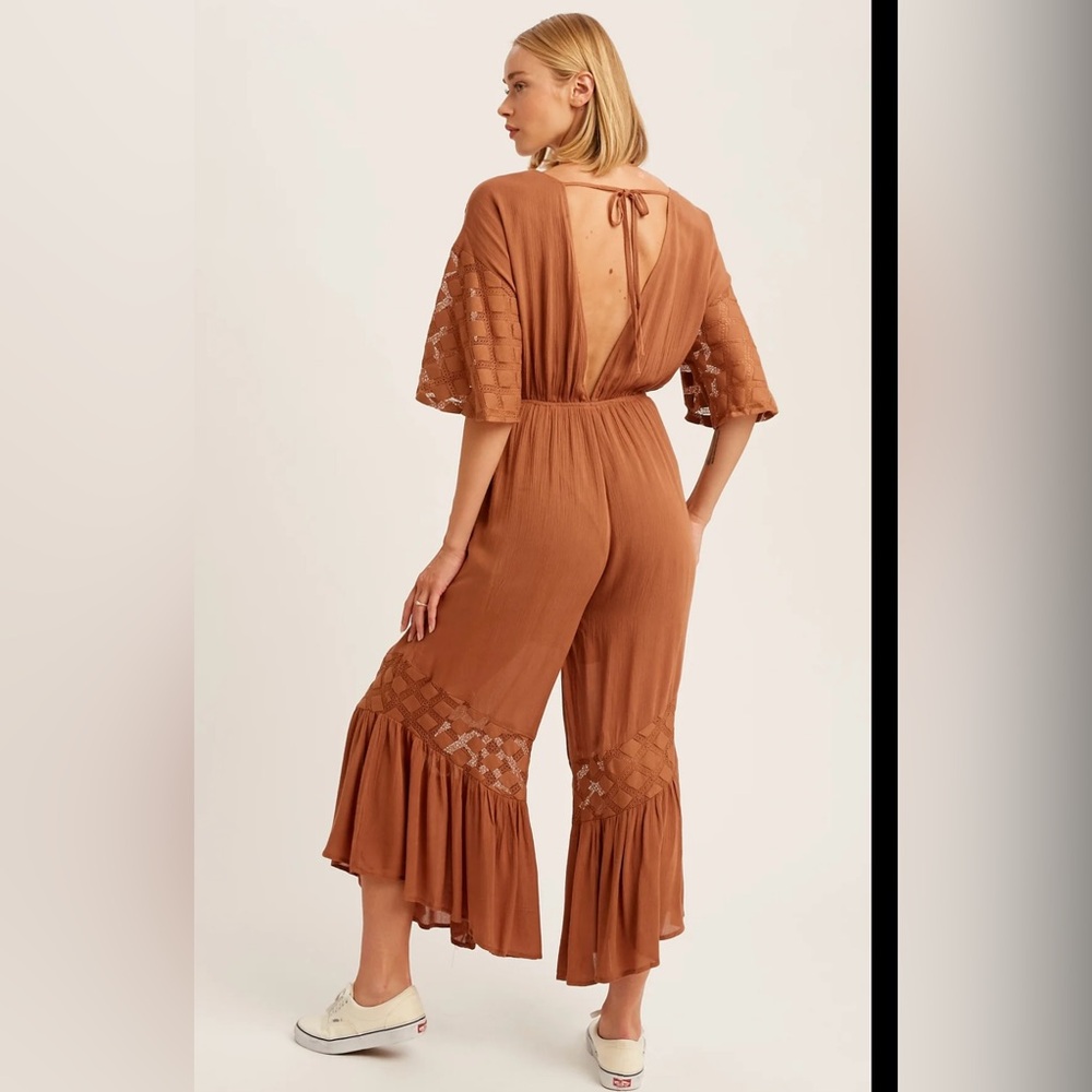 Listicle Brown Jumpsuit with Flutter Sleeves and V-Neck